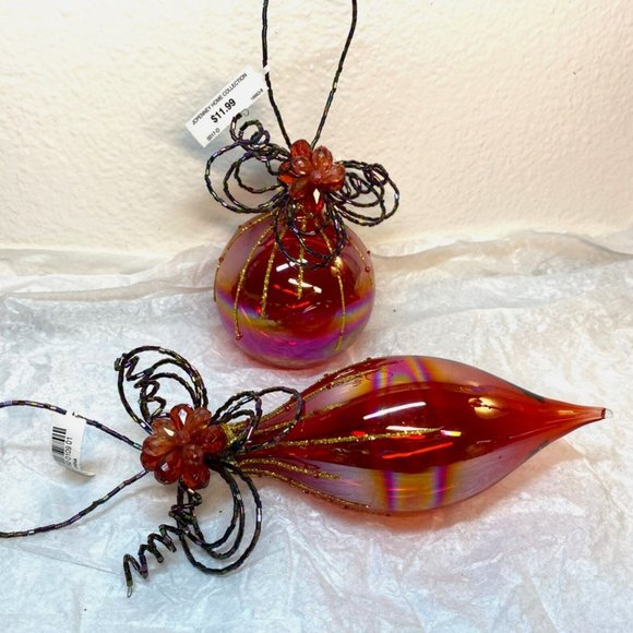 Vintage Christmas Glass Ornaments Red Teardrop Round W Beads Decor Set of 2 NWT - Picture 14 of 15